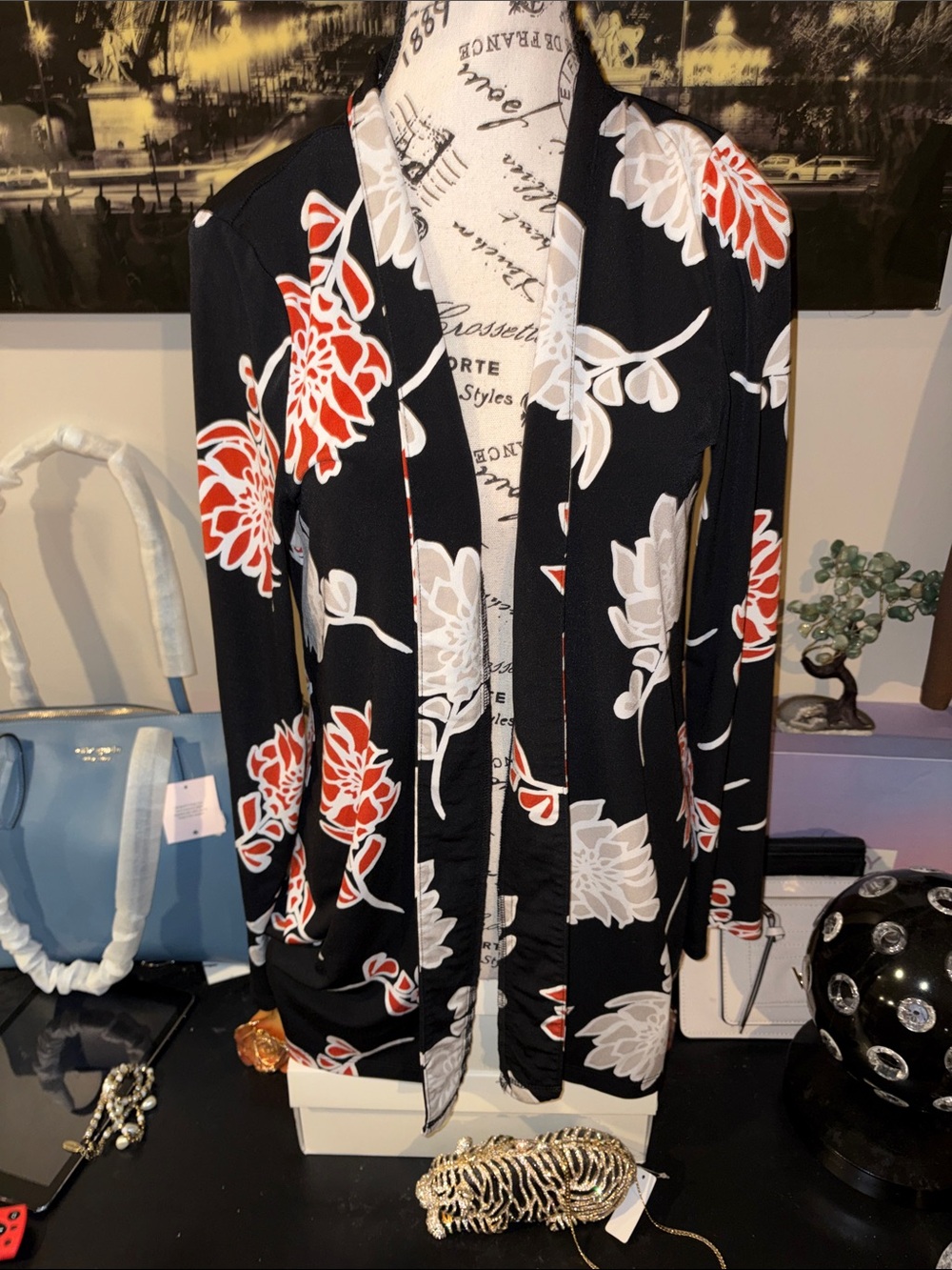 Calvin Klein Black Floral Open-Front Cardigan with Red and Cream Blooms